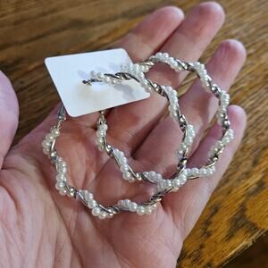 Boutique Timeless Chic Twisted Faux Pearl Large Silver-Tone Hoop Earrings